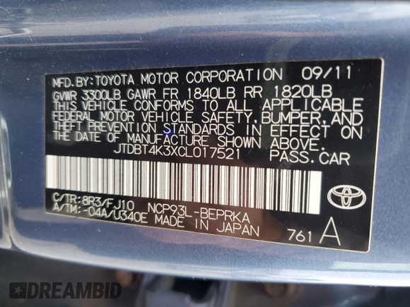 2012 Toyota Yaris with VIN JTDBT4K3XCL017521, listed as a Copart auction lot 51527255 with 173,731 mi miles and Salvage Title. Bid and sale history available at carsss.com. Image 12.