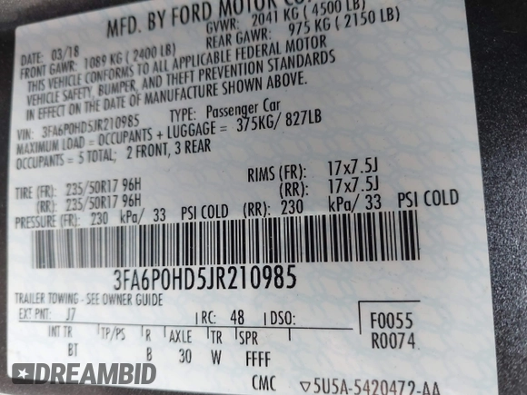 2018 Ford Fusion SE with VIN 3FA6P0HD5JR210985, listed as a IAAI auction lot 41776984 with 83,415 mi miles. Bid and sale history available at carsss.com. Image 9.