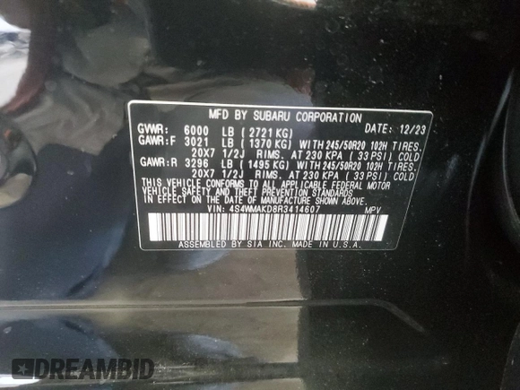 2024 Subaru Ascent Onyx Limited z VIN 4S4WMAKD8R3414607, wystawiony jako Copart lot #69927174 z przebiegiem 11 290 mil mil oraz Szkoda całkowita • Salvage title. Historia ofert i sprzedaży dostępna na DreamBid. Obrazek 13.