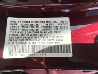 2012 Honda CR-V EX-L with VIN 5J6RM4H77CL077157, listed as a Copart auction lot 54171405 with 210,012 mi miles and Clean Title. Bid and sale history available at carsss.com. Image 10.