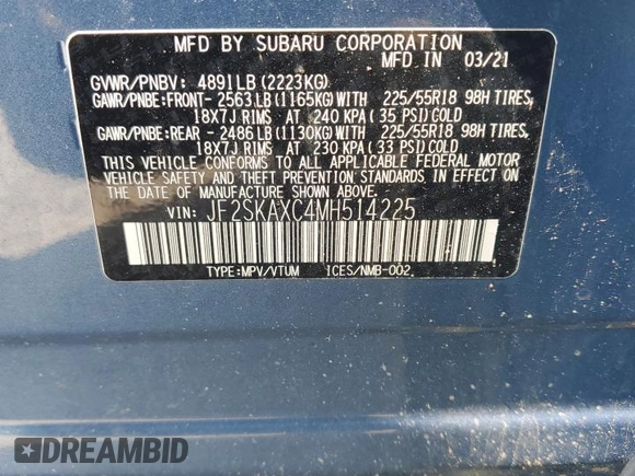 2021 Subaru Forester Touring with VIN JF2SKAXC4MH514225, listed as a Copart auction lot 60240355 with 55,660 mi miles and Salvage title. Bid and sale history available at DreamBid. Image 14.