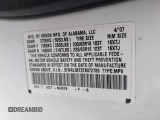 2007 Honda Odyssey EX-L z VIN 5FNRL38737B072789, wystawiony jako IAAI lot #41203148 z przebiegiem 156 828 mil mil oraz . Historia ofert i sprzedaży dostępna na DreamBid. Obrazek 9.