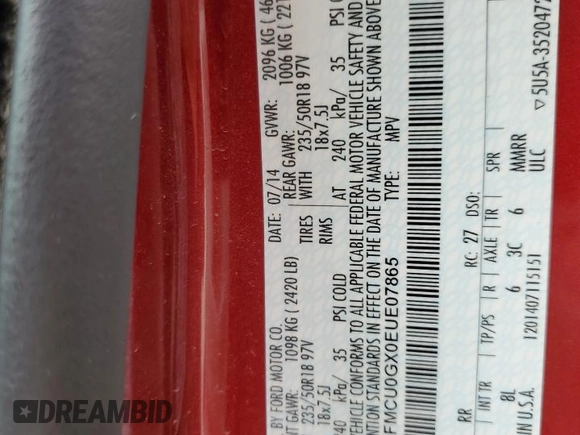 2014 Ford Escape SE с VIN 1FMCU0GX0EUE07865, выставлен на аукционе Copart как лот 59016175 с пробегом 169 537 миль миль и Чистый • Clean title. История ставок и продаж доступна на DreamBid. Изображение 13.