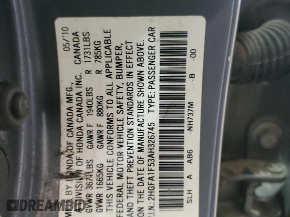 2010 Honda Civic LX with VIN 2HGFA1F53AH326745, listed as a Copart auction lot 54731085 with 196,697 mi miles and Clean Title. Bid and sale history available at DreamBid. Image 12.