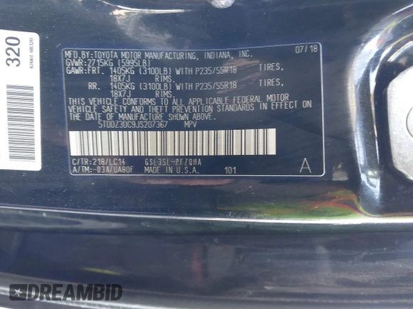 2018 Toyota Sienna XLE with VIN 5TDDZ3DC9JS207367, listed as a IAAI auction lot 41877615 with 104,500 mi miles. Bid and sale history available at carsss.com. Image 9.