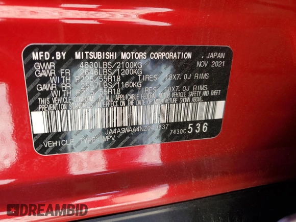 2022 Mitsubishi Eclipse Cross SE with VIN JA4ASWAA4NZ049837, listed as a Copart auction lot 58175705 with 35,459 mi miles and Salvage title. Bid and sale history available at DreamBid. Image 14.