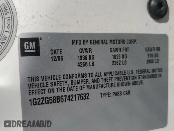 2007 Pontiac G6 with VIN 1G2ZG58B674217632, listed as a Copart auction lot 73569514 with 221,721 mi miles and Clean Title. Bid and sale history available at carsss.com. Image 12.
