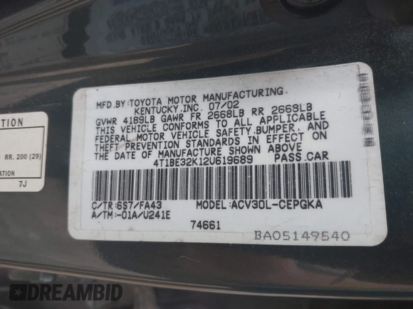 2002 Toyota Camry LE z VIN 4T1BE32K12U619689, wystawiony jako IAAI lot #42222078 z przebiegiem 216 591 mil mil oraz . Historia ofert i sprzedaży dostępna na DreamBid. Obrazek 9.