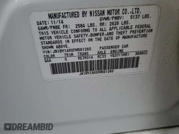 2015 Infiniti Q70 with VIN JN1BY1AR0FM561260, listed as a Copart auction lot 46496955 with 69,792 mi miles and Salvage title. Bid and sale history available at DreamBid. Image 12.
