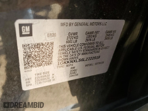 2020 GMC Acadia Denali with VIN 1GKKNXLS6LZ222918, listed as a Copart auction lot 53635895 with 42,990 mi miles and Salvage title. Bid and sale history available at DreamBid. Image 13.