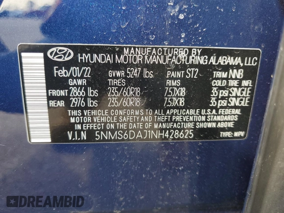 2022 Hyundai Santa Fe XRT with VIN 5NMS6DAJ1NH428625, listed as a Copart auction lot 48947505 with 50,401 mi miles and Salvage Title. Bid and sale history available at carsss.com. Image 14.