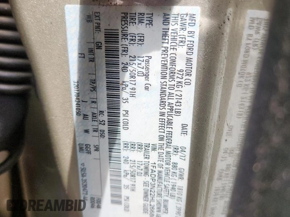 2017 Ford Focus Titanium with VIN 1FADP3N22HL266807, listed as a Copart auction lot 57071635 with 172,857 mi miles and Salvage title. Bid and sale history available at DreamBid. Image 12.