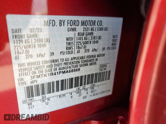 2023 Ford Mustang Mach-E Select with VIN 3FMTK1R41PMA68569, listed as a Copart auction lot 55359085 with 18,927 mi miles and Salvage title. Bid and sale history available at DreamBid. Image 13.