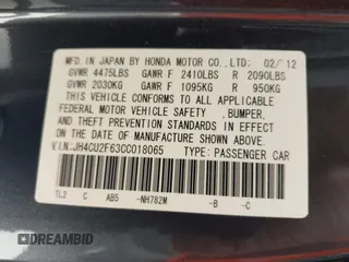 2012 Acura TSX Technology with VIN JH4CU2F63CC018065, listed as a IAAI auction lot 42190170 with 63,118 mi miles and . Bid and sale history available at DreamBid. Image 9.