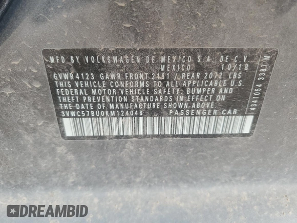 2019 Volkswagen Jetta S с VIN 3VWC57BU0KM124046, выставлен на аукционе Copart как лот 50142725 с пробегом 77 570 миль миль и Списание • Salvage title. История ставок и продаж доступна на DreamBid. Изображение 12.