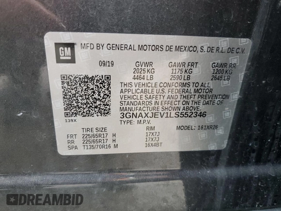 2020 Chevrolet Equinox LT z VIN 3GNAXJEV1LS552346, wystawiony jako Copart lot #58141245 z przebiegiem 49 115 mil mil oraz Szkoda całkowita • Salvage title. Historia ofert i sprzedaży dostępna na DreamBid. Obrazek 13.