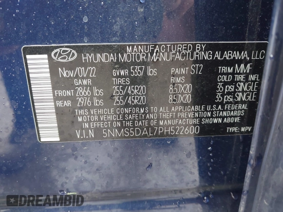2023 Hyundai Santa Fe Calligraphy with VIN 5NMS5DAL7PH522600, listed as a IAAI auction lot 42367980 with 35,834 mi miles and . Bid and sale history available at DreamBid. Image 9.