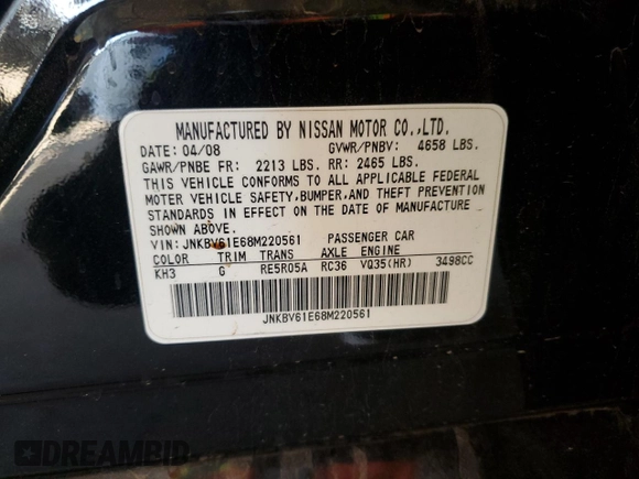 2008 Infiniti G35 with VIN JNKBV61E68M220561, listed as a Copart auction lot 86430514 with 165,617 mi miles and Clean Title. Bid and sale history available at DreamBid. Image 12.