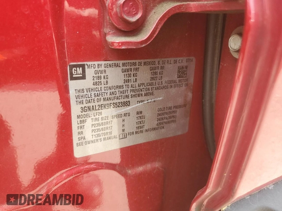 2015 Chevrolet Captiva Sport LS with VIN 3GNAL2EK9FS523883, listed as a Copart auction lot 55262104 with 93,162 mi miles and Salvage Title. Bid and sale history available at DreamBid. Image 13.
