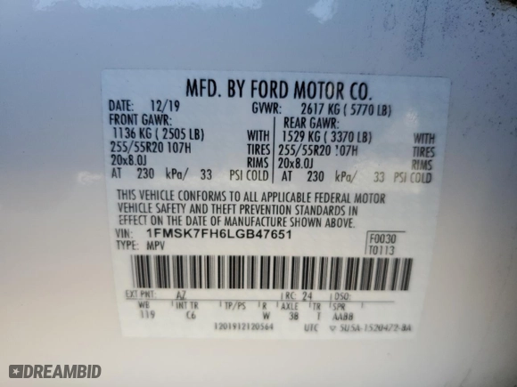 2020 Ford Explorer Limited with VIN 1FMSK7FH6LGB47651, listed as a Copart auction lot 88439825 with 44,411 mi miles and Salvage Title. Bid and sale history available at carsss.com. Image 13.