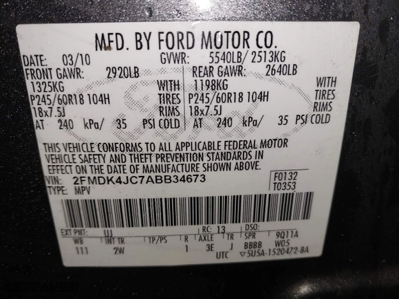 2010 Ford Edge SEL with VIN 2FMDK4JC7ABB34673, listed as a IAAI auction lot 41612847 with 255,054 mi miles. Bid and sale history available at carsss.com. Image 9.