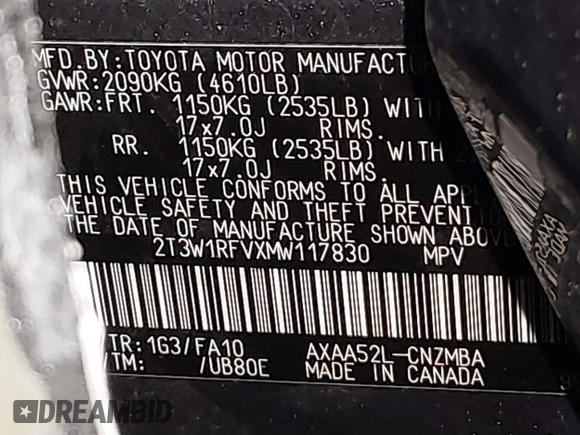 2021 Toyota RAV4 XLE with VIN 2T3W1RFVXMW117830, listed as a IAAI auction lot 41865708 with 94,990 mi miles. Bid and sale history available at carsss.com. Image 9.