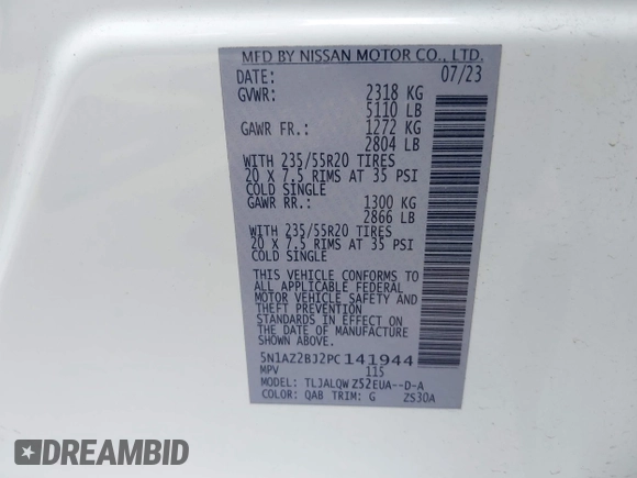 2023 Nissan Murano SV with VIN 5N1AZ2BJ2PC141944, listed as a IAAI auction lot 42159122 with 16,347 mi miles and . Bid and sale history available at DreamBid. Image 9.