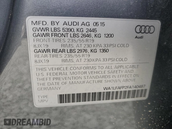 2015 Audi Q5 Premium Plus z VIN WA1LFAFP2FA140487, wystawiony jako Copart lot #50793085 z przebiegiem 118 494 mil mil oraz Szkoda całkowita • Salvage title. Historia ofert i sprzedaży dostępna na DreamBid. Obrazek 15.