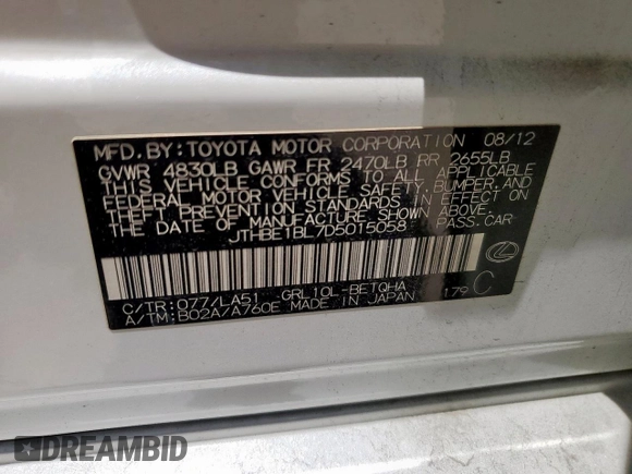 2013 Lexus GS 350 with VIN JTHBE1BL7D5015058, listed as a Copart auction lot 66195415 with 87,377 mi miles and Salvage title. Bid and sale history available at DreamBid. Image 12.
