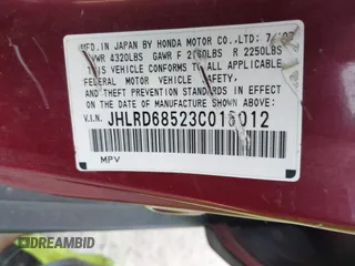2003 Honda CR-V LX with VIN JHLRD68523C016012, listed as a IAAI auction lot 41797215 with 219,821 mi miles and . Bid and sale history available at DreamBid. Image 9.