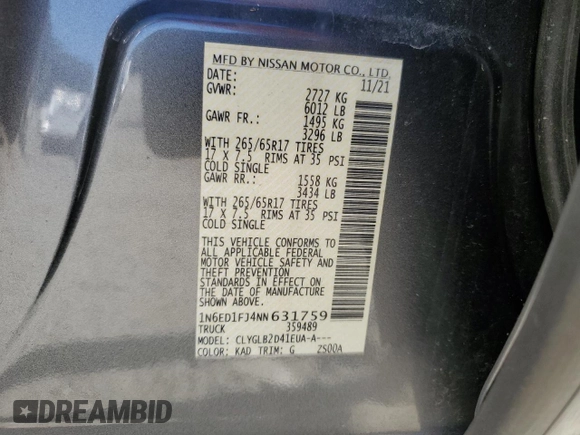 2022 Nissan Frontier SV с VIN 1N6ED1FJ4NN631759, выставлен на аукционе Copart как лот 77612174 с пробегом 29 828 миль миль и Списание • Salvage title. История ставок и продаж доступна на DreamBid. Изображение 12.