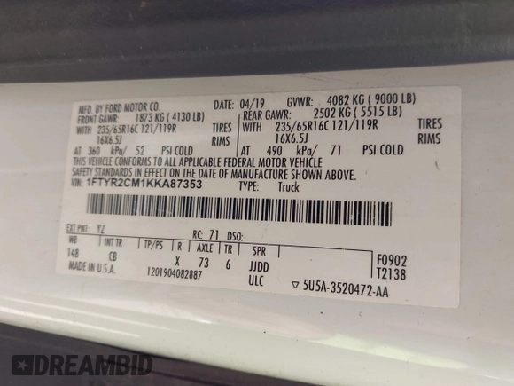 2019 Ford Transit with VIN 1FTYR2CM1KKA87353, listed as a IAAI auction lot 42074425 with 147,825 mi miles. Bid and sale history available at carsss.com. Image 9.