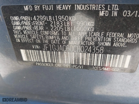 2012 Subaru Impreza Sedan 2.0i Premium with VIN JF1GJAC60CH024358, listed as a IAAI auction lot 41733110 with 174,507 mi miles. Bid and sale history available at carsss.com. Image 9.
