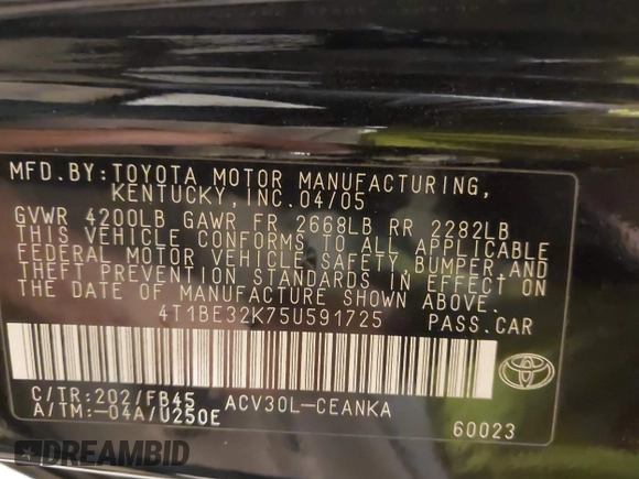 2005 Toyota Camry STD z VIN 4T1BE32K75U591725, wystawiony jako IAAI lot #42407471 z przebiegiem 180 756 mil mil oraz . Historia ofert i sprzedaży dostępna na DreamBid. Obrazek 9.