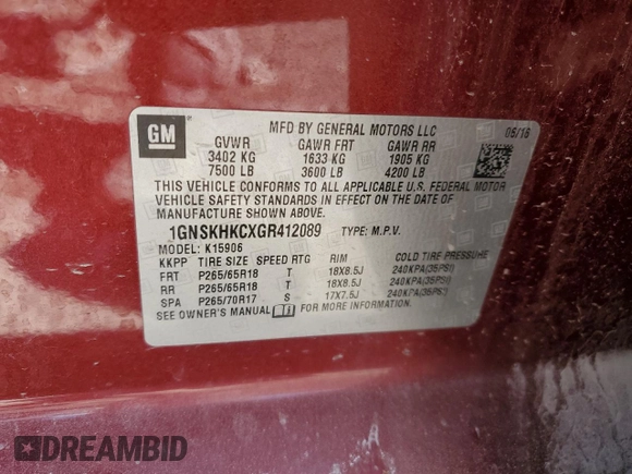 2016 Chevrolet Suburban LT z VIN 1GNSKHKCXGR412089, wystawiony jako Copart lot #44488155 z przebiegiem 141 076 mil mil oraz Szkoda całkowita • Salvage title. Historia ofert i sprzedaży dostępna na DreamBid. Obrazek 16.