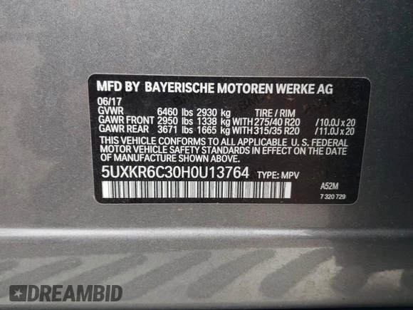 2017 BMW X5 xDrive50i with VIN 5UXKR6C30H0U13764, listed as a Copart auction lot 54575335 with 27,539 mi miles and Salvage title. Bid and sale history available at DreamBid. Image 13.