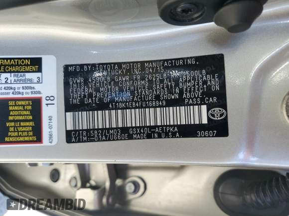 2015 Toyota Avalon Limited with VIN 4T1BK1EB4FU168949, listed as a Copart auction lot 56072295 with 203,687 mi miles and Salvage Title. Bid and sale history available at DreamBid. Image 12.