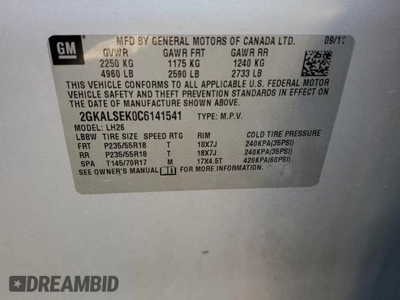 2012 GMC Terrain SLE-2 with VIN 2GKALSEK0C6141541, listed as a Copart auction lot 50968195 with 104,591 mi miles and Clean Title. Bid and sale history available at DreamBid. Image 16.