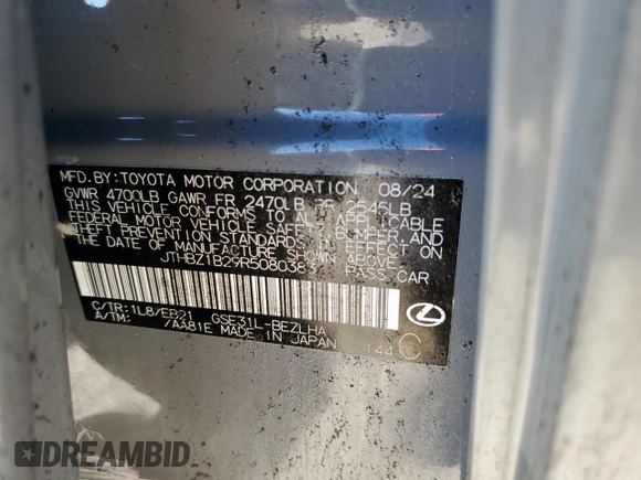 2024 Lexus IS 350 F Sport z VIN JTHBZ1B29R5080383, wystawiony jako Copart lot #83220514 z przebiegiem Nie podano mil oraz Szkoda całkowita • Salvage title. Historia ofert i sprzedaży dostępna na DreamBid. Obrazek 14.