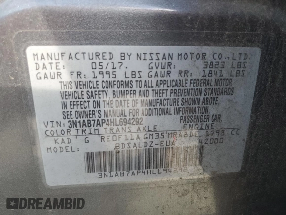 2017 Nissan Sentra S with VIN 3N1AB7AP4HL694292, listed as a Copart auction lot 44313555 with 144,218 mi miles and Salvage title. Bid and sale history available at DreamBid. Image 12.