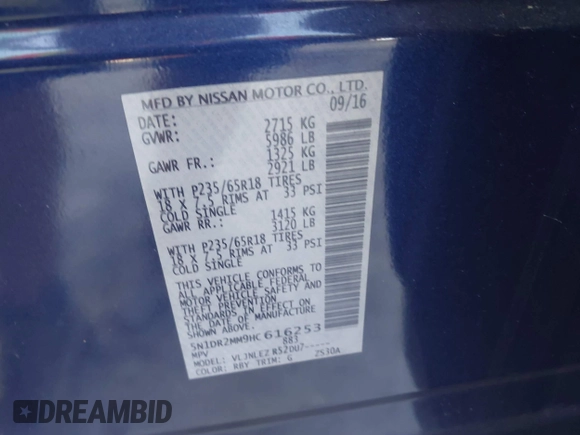 2017 Nissan Pathfinder SV z VIN 5N1DR2MM9HC616253, wystawiony jako IAAI lot #42333509 z przebiegiem 126 551 mil mil oraz . Historia ofert i sprzedaży dostępna na DreamBid. Obrazek 9.