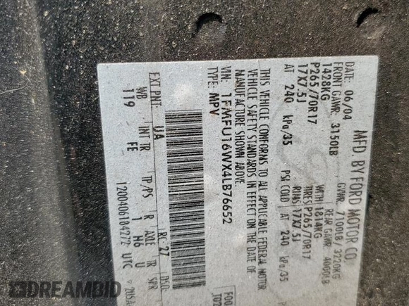 2004 Ford Expedition XLT z VIN 1FMFU16WX4LB76652, wystawiony jako Copart lot #55410695 z przebiegiem Nie podano mil oraz Szkoda całkowita • Salvage title. Historia ofert i sprzedaży dostępna na DreamBid. Obrazek 13.