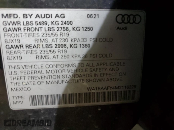 2021 Audi Q5 Premium Plus with VIN WA1BAAFY4M2116329, listed as a Copart auction lot 37738363 with 35,716 mi miles. Bid and sale history available at carsss.com. Image 13.