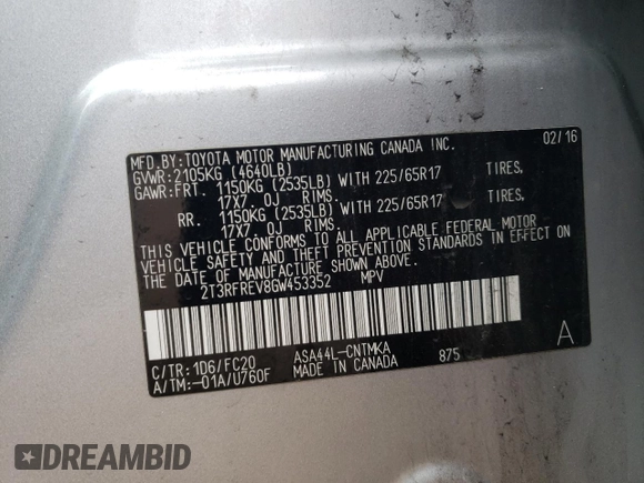 2016 Toyota RAV4 XLE with VIN 2T3RFREV8GW453352, listed as a Copart auction lot 53659685 with 93,371 mi miles and Salvage title. Bid and sale history available at DreamBid. Image 12.