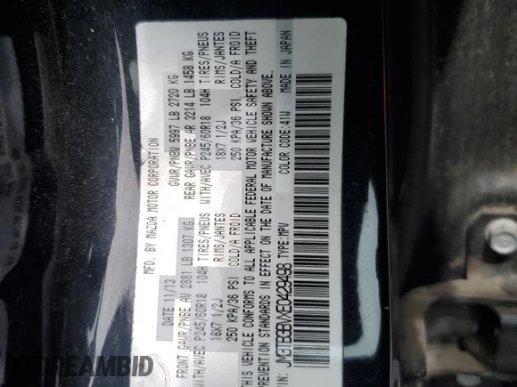 2014 Mazda CX-9 Sport with VIN JM3TB3BVXE0429498, listed as a Copart auction lot 57468195 with 123,787 mi miles and Salvage title. Bid and sale history available at DreamBid. Image 13.