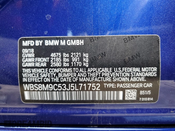 2018 BMW M3 with VIN WBS8M9C53J5L71752, listed as a Copart auction lot 37308724 with 19,425 mi miles. Bid and sale history available at carsss.com. Image 12.