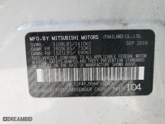 2017 Mitsubishi Mirage G4 SE with VIN ML32F4FJXHHF14049, listed as a Copart auction lot 42110065 with 89,654 mi miles and Salvage Title. Bid and sale history available at carsss.com. Image 12.