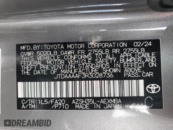 2024 Toyota Crown XLE with VIN JTDAAAAF3R3028736, listed as a Copart auction lot 50544405 with 52,117 mi miles and Salvage title. Bid and sale history available at DreamBid. Image 12.