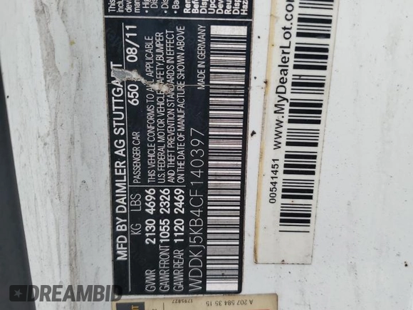 2012 Mercedes-Benz E 350 with VIN WDDKJ5KB4CF140397, listed as a Copart auction lot 56782195 with Not provided miles and Salvage title. Bid and sale history available at DreamBid. Image 12.