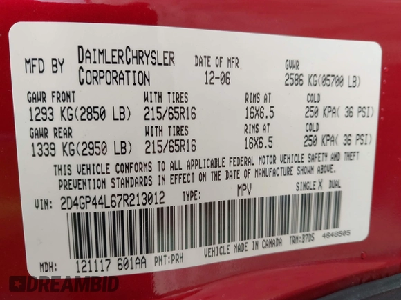 2007 Dodge Grand Caravan SXT with VIN 2D4GP44L67R213012, listed as a IAAI auction lot 41800286 with 218,958 mi miles and . Bid and sale history available at DreamBid. Image 9.
